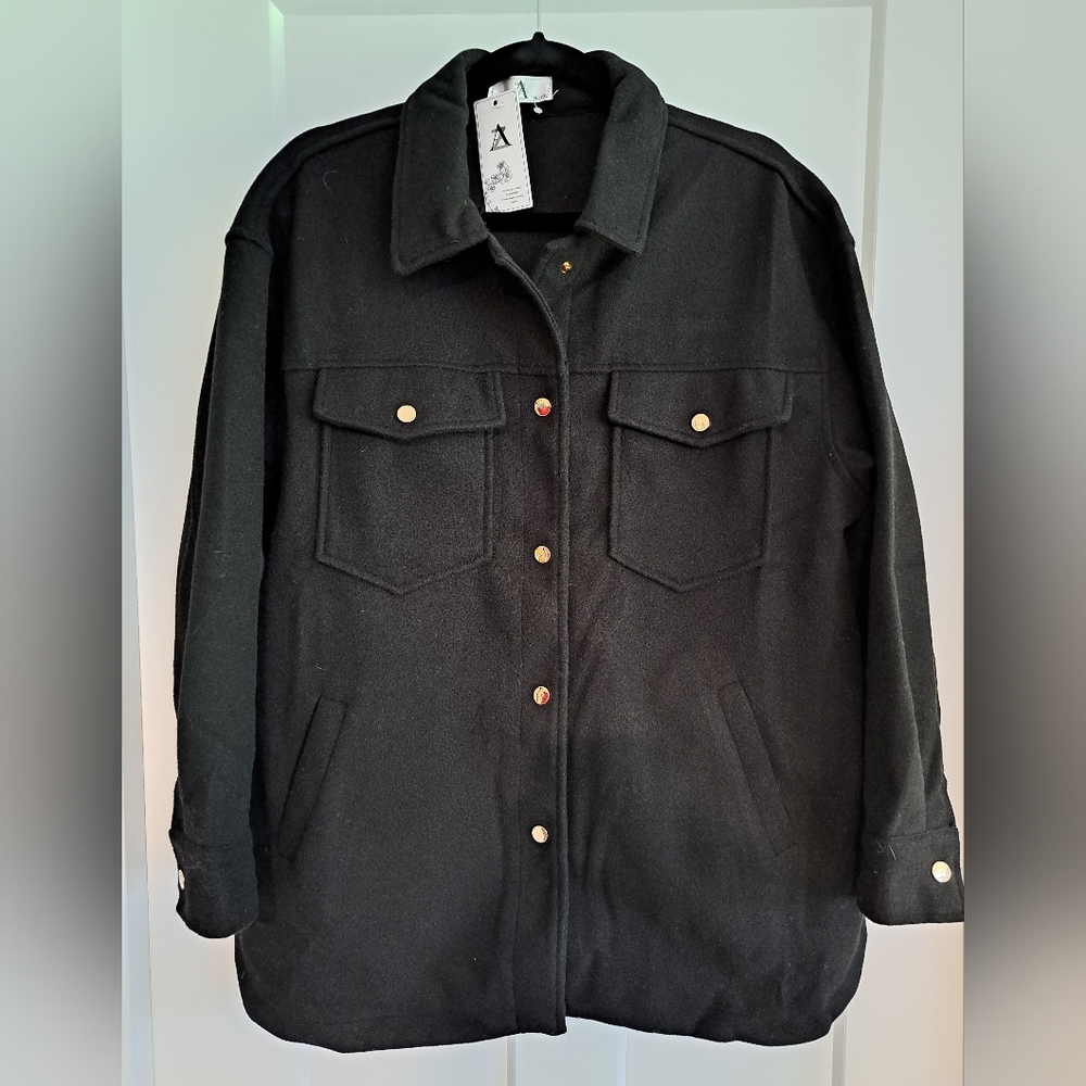 NWT Felt Fleece Shacket with Gold Metal Snaps (Black) - AZ (Jean Marie Boutique)